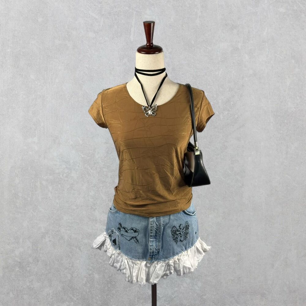 Vintage 90s Susan Lawrence Petite Tan Textured Cap Sleeve Tee